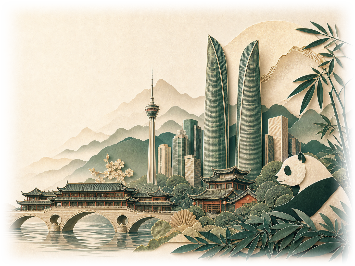 Layered paper-cut illustration of Chengdu landmarks, including Anshun Bridge, the Tianfu Twin Towers, the Chengdu TV Tower, and a giant panda.